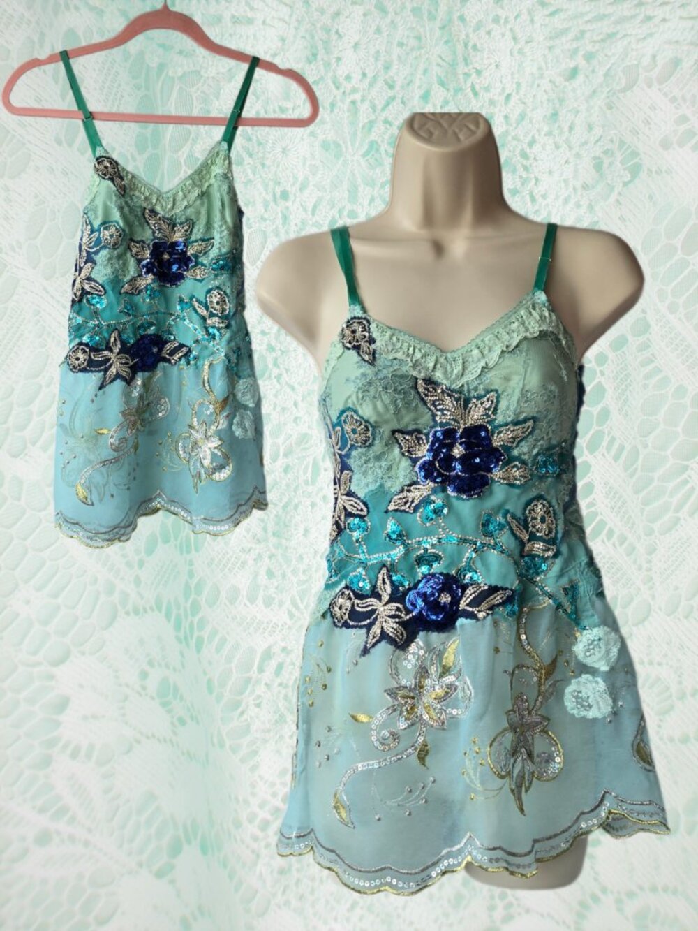 Handmade Aqua Green Top  Sequin Embroidered Mermaidcore XSmall - Small